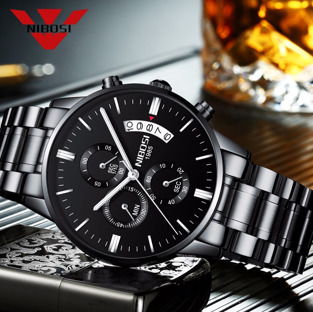 Luxury Watch Manufacturers - NIBOSI Stainless Steel Black Quartz Watch